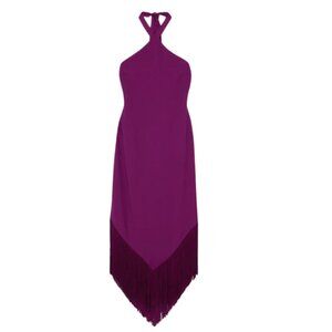 Taller Marmo Purple Nina Fringe Crepe Halterneck Midi Dress